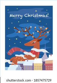 Christmas card with deer with garlands behind the snow-covered houses. Christmas Eve. Lovely European town in winter.  Christmas deer. Flat cartoon style.