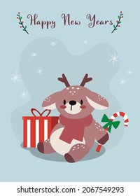 Christmas card with deer and gfits on the snow. Cute kawaii characters isolated on light blue background in flat style. EPS. Vector illustration.
