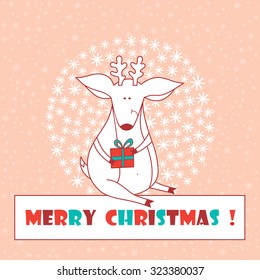 Christmas card. Christmas deer with gift. Merry Christmas. New Year.