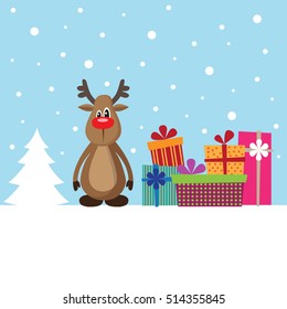 Christmas card with deer and gifts on the snow. Vector illustration.