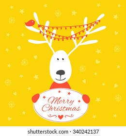 Christmas card with deer. Christmas greeting card template, vector Merry Christmas. 