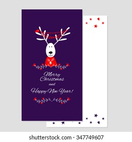 Christmas card with deer. Christmas greeting card template, vector Merry Christmas and New Yea