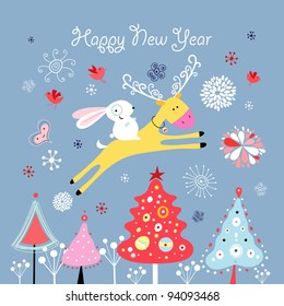 Christmas card with a deer and hare