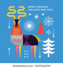 Christmas Card, Christmas Deer illustration in geometric decorative style