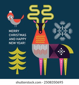 Christmas Card, Christmas Deer illustration in geometric decorative style
