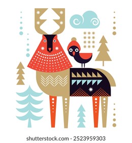 Christmas Card, Christmas Deer illustration in geometric decorative scandinavian style