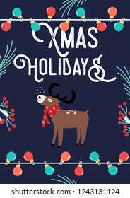 Christmas Card with Deer and lamps. Vector illustration.