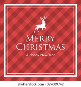 Christmas card with deer, logo title and gingham pattern background. Editable vector design.