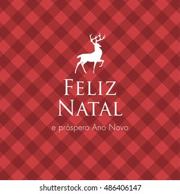 Christmas card with deer, logo title and gingham pattern background. Editable vector design. Portuguese version.