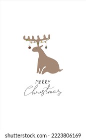 Christmas card with deer with Merry Christmas inscription on a background. Vector illustration in flat style