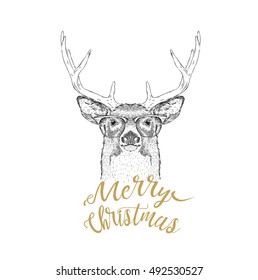 Christmas card with deer. Merry Christmas lettering design. Vector illustration