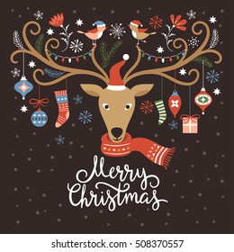 Christmas card, Christmas deer on black background