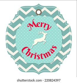 christmas card with deer on blue chevron pattern and polka dot background, vector illustration, eps 10