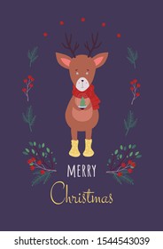 Christmas card with a deer with plants, red berries on a purple background. Greeting card vector illustration. Merry christmas card.