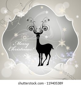 Christmas card with deer. Postcard for Christmas decorated snowflakes and floral ornaments.