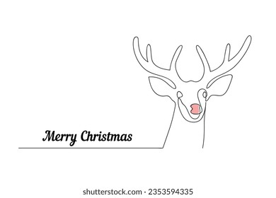 Christmas card with deer Rudolph drawn in one continuous line. One line drawing, minimalism. Vector illustration.