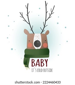 Christmas card. deer in a scarf against the background of snowfall