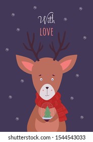 Christmas card with a deer with snowflakes on a purple background. Greeting card vector illustration. Merry christmas card.