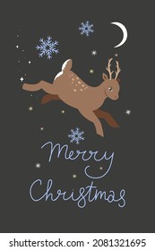 Christmas card with a deer and snowflakes. Vector graphics.