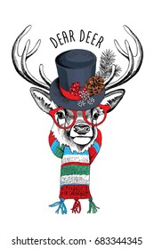 Christmas card  Deer in Snowman top hat   in knitted scarf  Vector illustration 