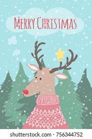 Christmas card with a deer in a sweater on a forest background. Vector illustration for congratulations.