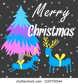 Christmas card with deer and Christmas tree and the inscription Merry Christmas. Vector illustration.