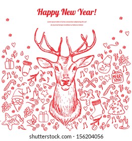 Christmas card with deer in vector, doodle hand drawn element