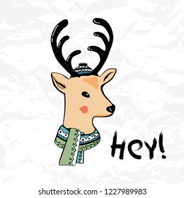 Christmas card with a deer. Vector illustration with deer head in winter hat and scarf. Can also be used as a logo.