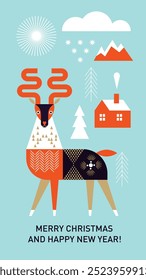 Christmas Card, Christmas Deer vertical illustration in geometric decorative scandinavian style