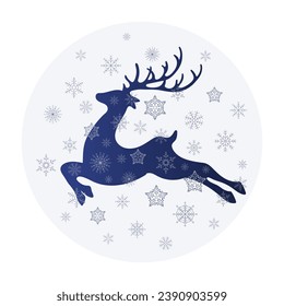 Christmas card with deer in white snowflakes, silhouette. Festive winter illustration, vector