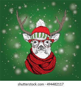 Christmas card with deer in winter hat. Merry Christmas lettering design. Vector illustration