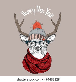 Christmas card with deer in winter hat. Merry Christmas lettering design. Vector illustration