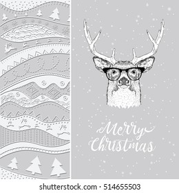 Christmas card with deer in winter hat. Christmas hand-drawn ethno pattern, tribal background. Vector illustration