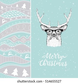 Christmas card with deer in winter hat. Christmas hand-drawn ethno pattern, tribal background. Vector illustration