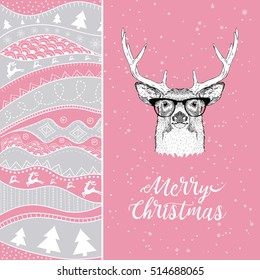 Christmas card with deer in winter hat. Christmas hand-drawn ethno pattern, tribal background. Vector illustration