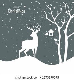 Christmas card with a deer and winter landscape. Merry Christmas tree with birds.