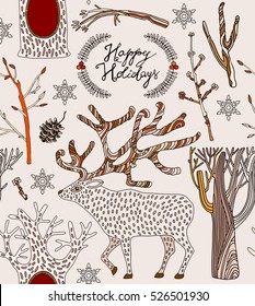 christmas card with deer and winter trees.