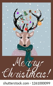 Christmas card with deer.Merry Christmas lettering design. Vector illustration.