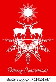 Christmas card deers and snowflake red background