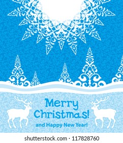 Christmas card deers in winter forest