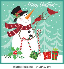 Christmas card deign with cute snowman, cardinal bird and candy cane