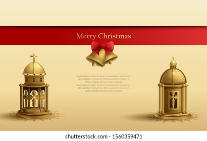 christmas card design background with two golden church lanterns