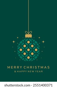 Christmas card design. Christmas ball icon on green background. Merry Christmas and Happy New Year background.