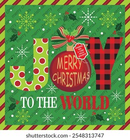 Christmas card design with bauble and joy to the world