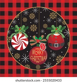 Christmas card design with Christmas baubles and buffalo plaid