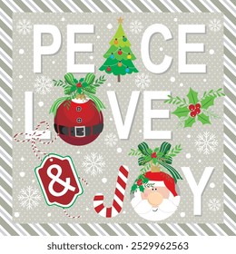 Christmas card design with baubles, peace, love and joy