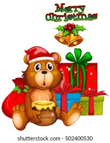 Christmas card design with bear and presents illustration
