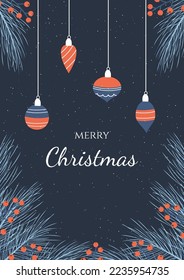 christmas card design with branches, berries and decoration 
