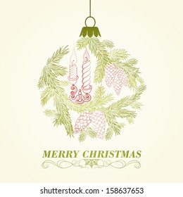 Christmas card design. Christmas card with candles in form of spherical toy. Vector illustration.