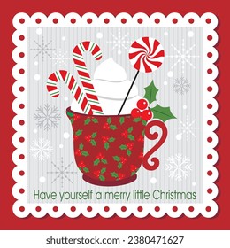 Christmas card design with candy cane and berry in mug